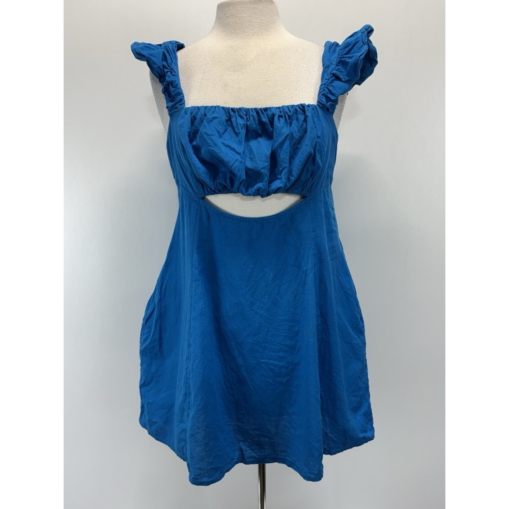 Free People Non Von Island Mini Dress Sz Medium Blue Pockets Cotton Linen Cutout